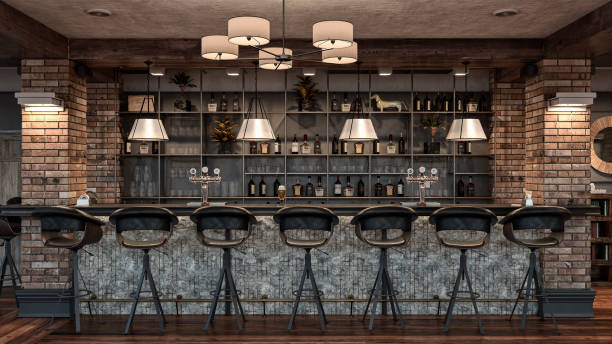 Empty large retro restaurant bar with roof beams, with bar stools, shelves with drinks, glasses in front of bar counter, decoration, lighting equipment /pendant lights on partly wood paneled walls partly brick walls background on hardwood floor. A vintage effect on a 3D rendered image.
